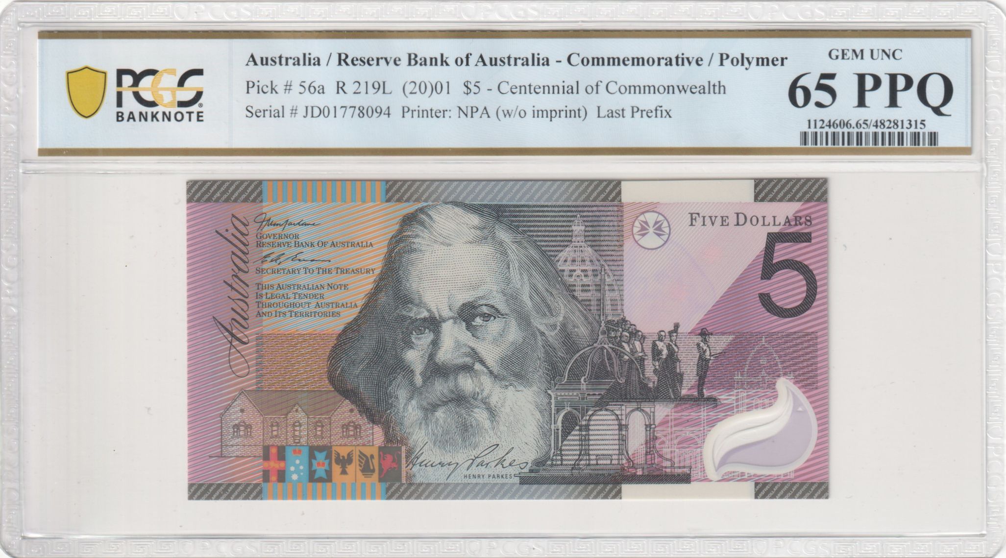 427 · Macfarlane/Evans, Centennial of Commonwealth, Last Prefix, Five Dollar, 2001, PCGS Gem UNC 65 PPQ