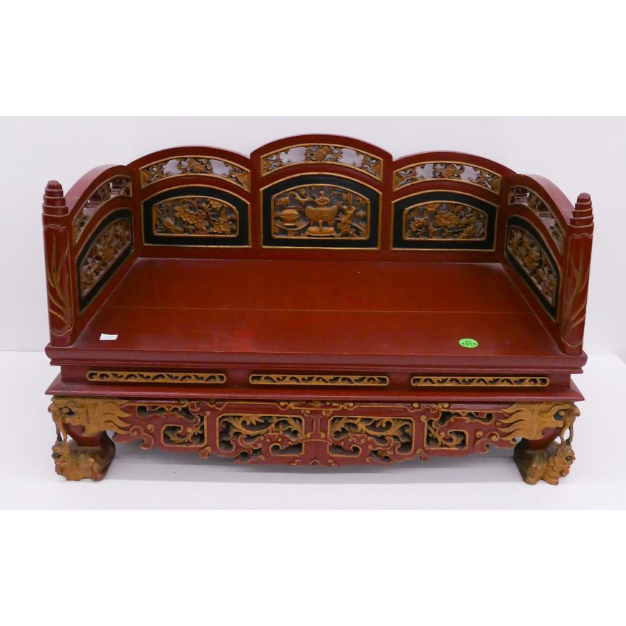 Ornate Chinese Gilt Lacquered Wood Bed Shaped Altar Stand- 12x20.5x11''