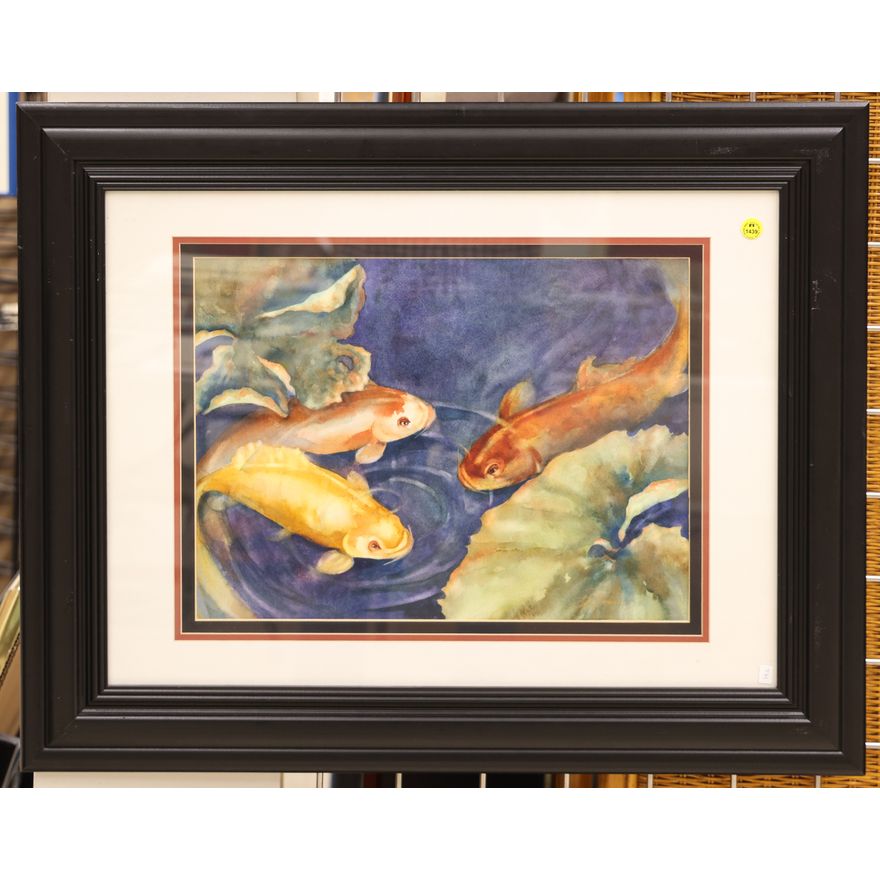 Patricia Hitchens ''3 Koi and Lillypad #2'' Watercolor Framed 24''x30'' (TH)