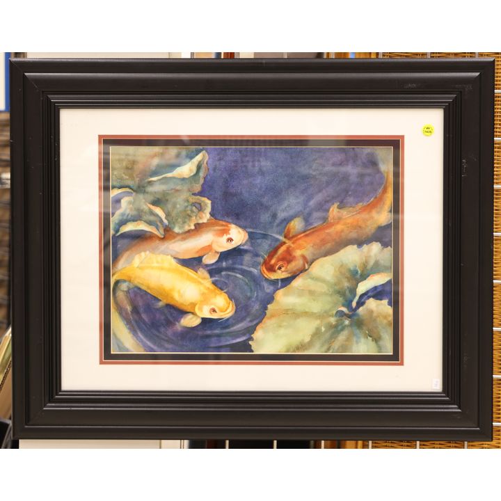 Patricia Hitchens ''3 Koi and Lillypad #2'' Watercolor Framed 24''x30'' (TH)