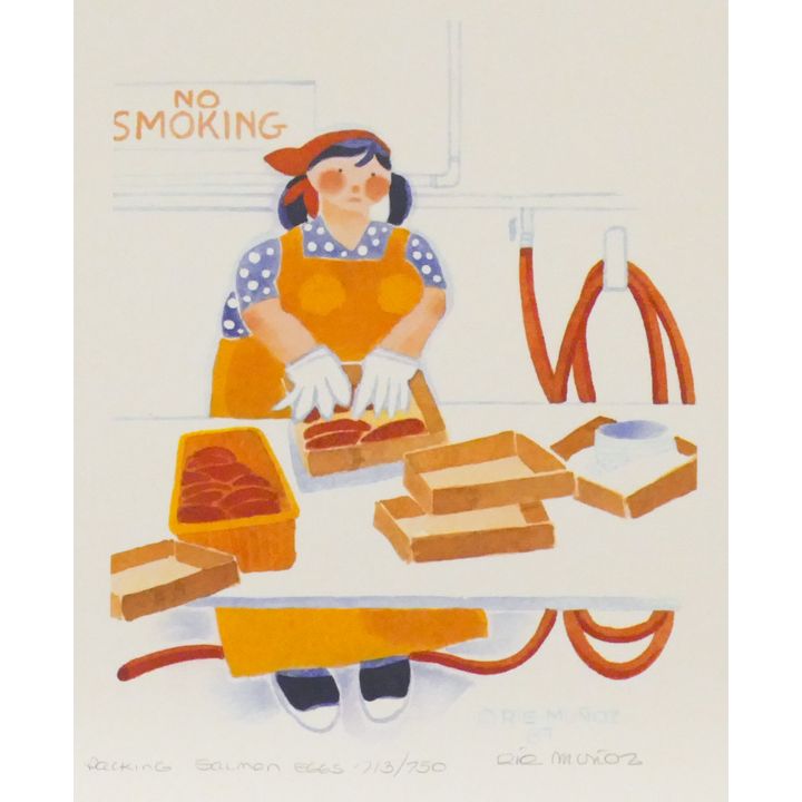 Rie Munoz "Packing Salmon Eggs" 1987 Signed Print 10.5" x 8.75" Sheet.