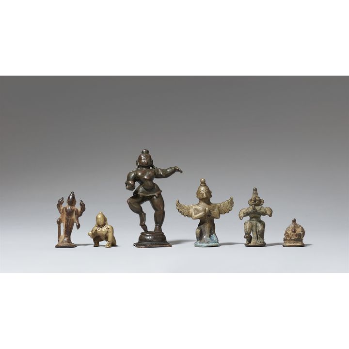 Five small copper alloy figures of deities and one tiny altar. India, various regions. 19th century