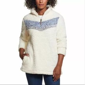 WEATHERPROOF LADIES FROSTY TIPPED SHERPA PULLOVER CREAM/BLUE SZ MED