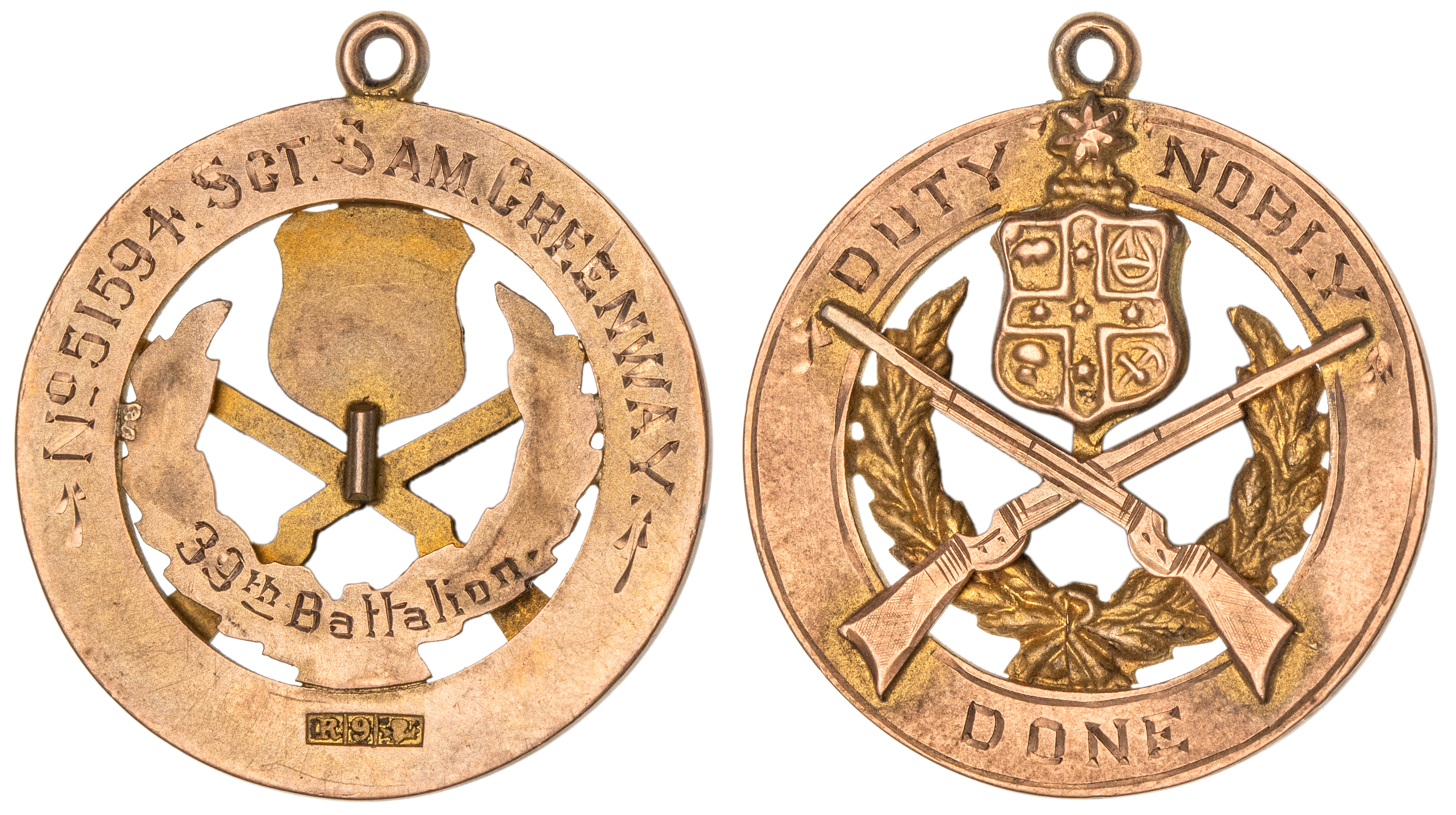 319 · WWI Returned Soldiers Gold Fob Medal,
