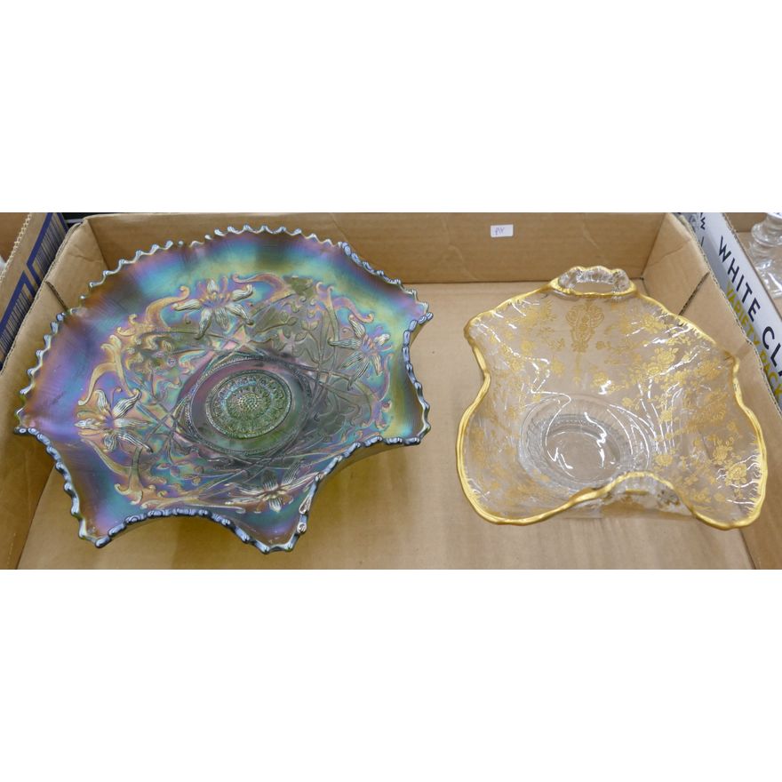Box Carnival Glass Footed Ruffle Bowl Etc.