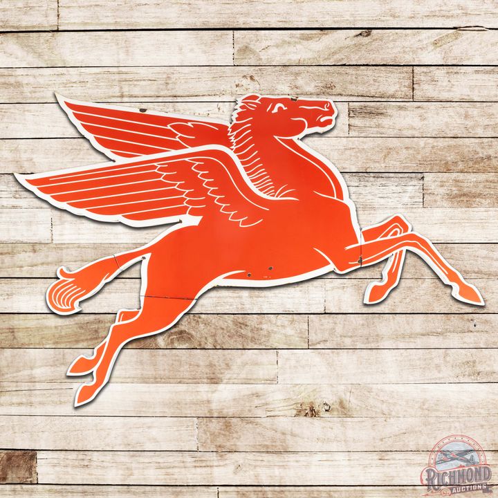 1951 Mobil Pegasus Right Facing Cookie Cutter SS Porcelain Sign