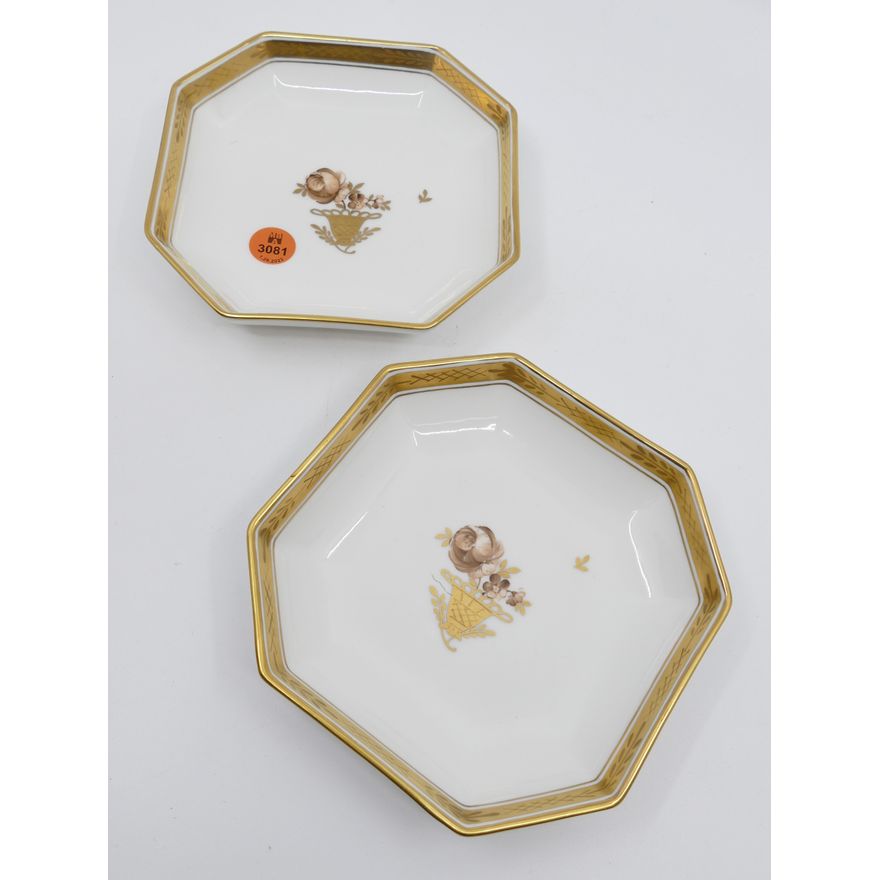 2pc Royal Copenhagen Golden Basket Porcelain Octagonal Small Serving Dishes- 5.75"