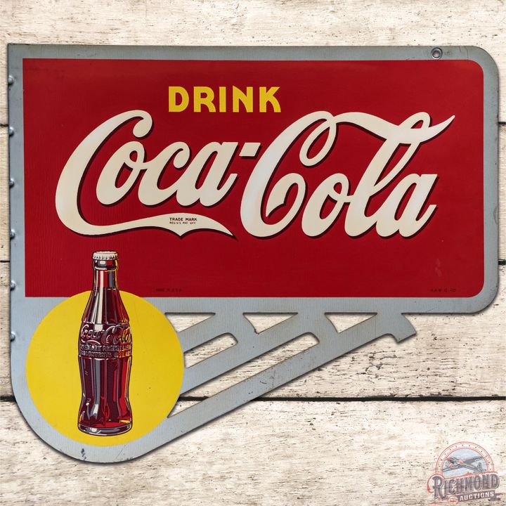1940 Drink Coca Cola Bottle & Sun Logo Tin Flange Sign - 8.5