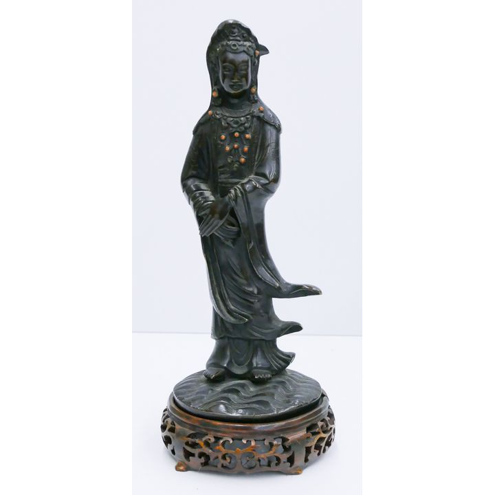 Chinese Qing Bronze Standing Guanyin on Stand