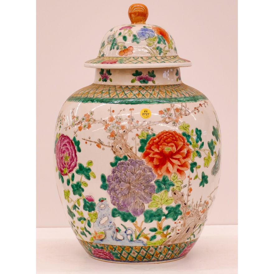 Chinese Large Famille Verte Jar with Stand- Jar measures 19x12'', Stand 8''