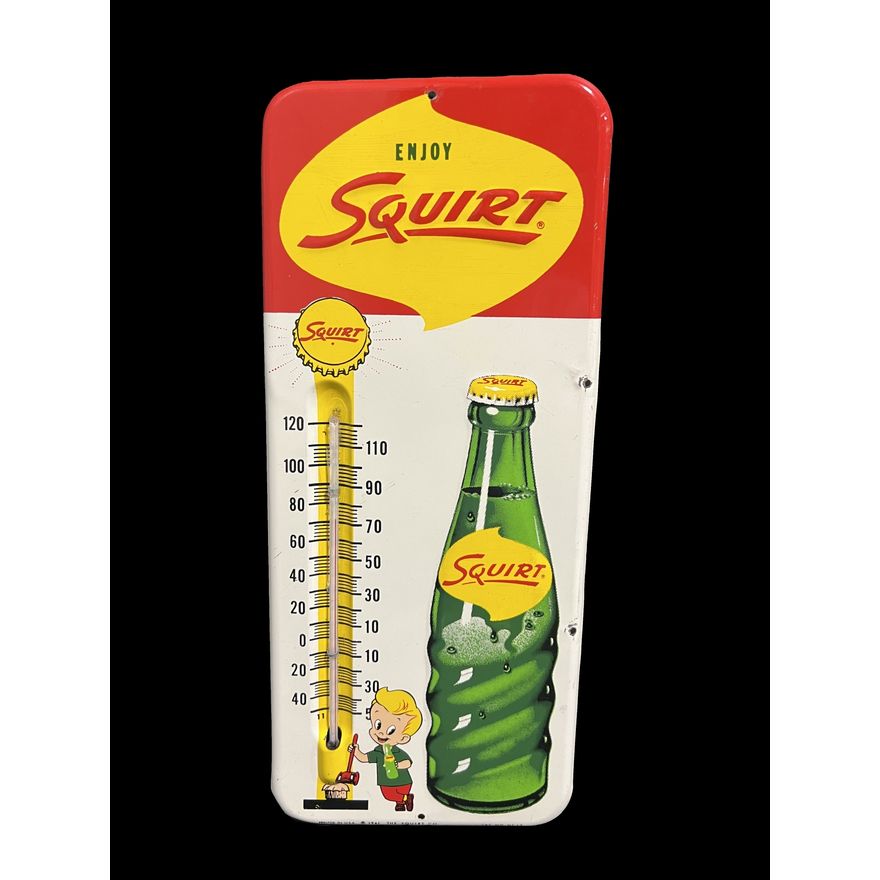 1961 Enjoy Squirt Tin Metal Soda Thermometer