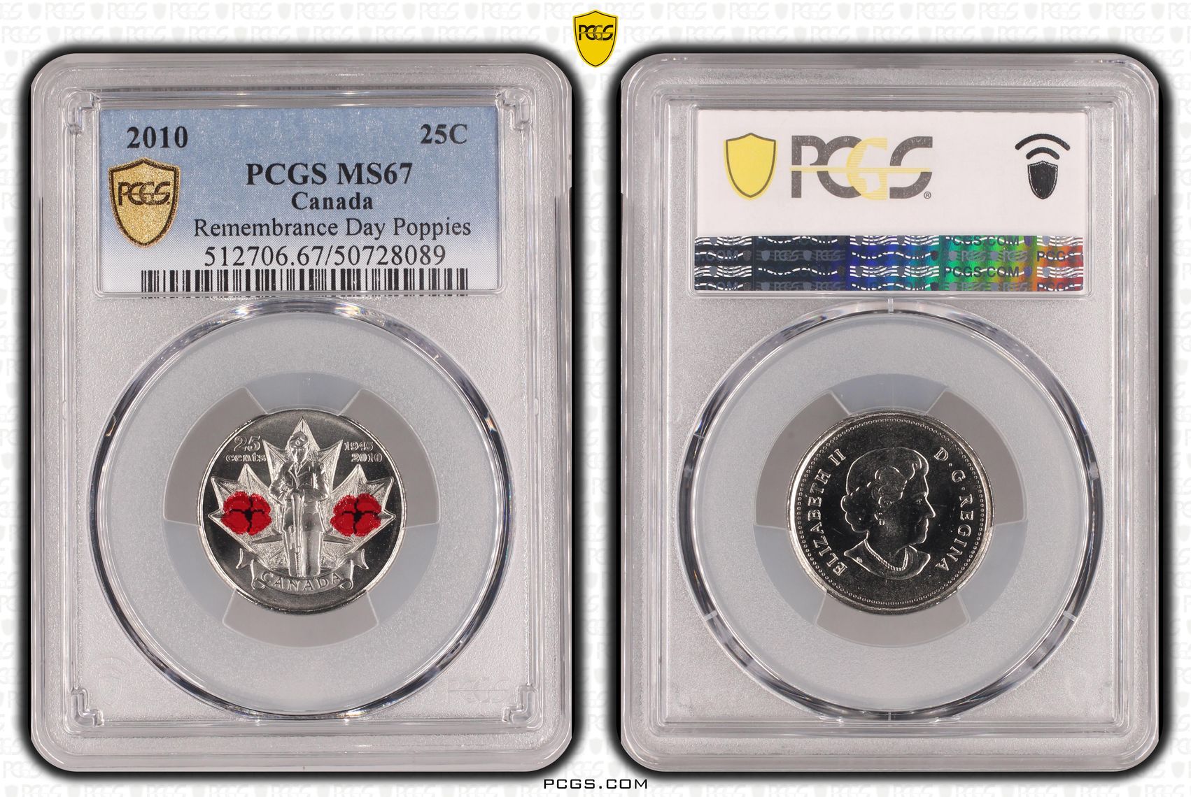Canada, Remembrance Day Poppies, Twenty Five Cent, 2010, PCGS MS67