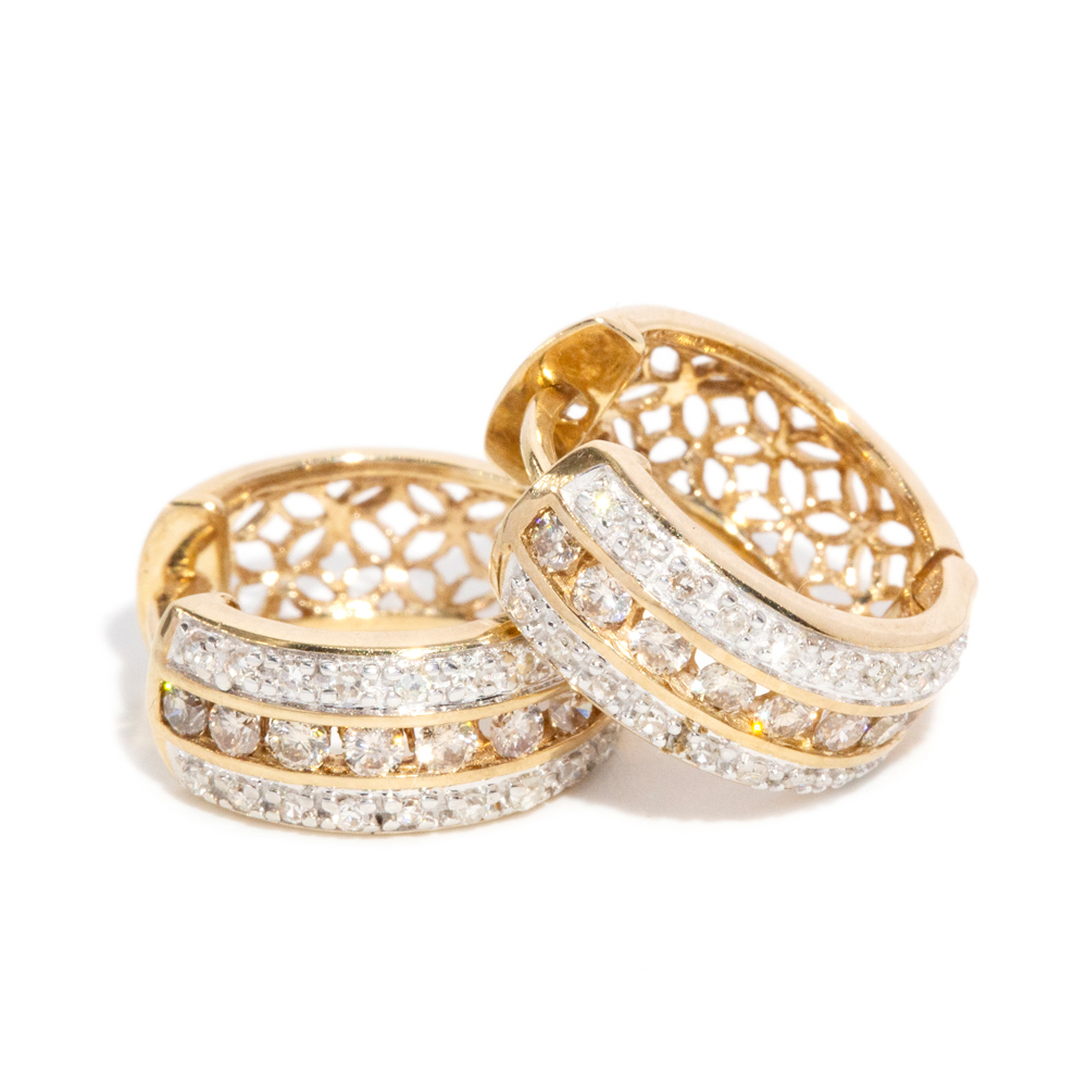 160 · 9 Carat Yellow Gold Multi-Tone Diamond Huggie Earrings