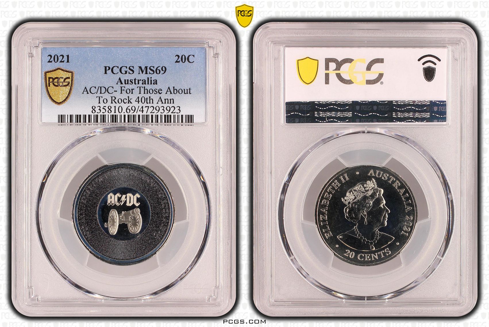 Elizabeth II, AC/DC- For Those About To Rock, Twenty Cent, 2021, PCGS MS69