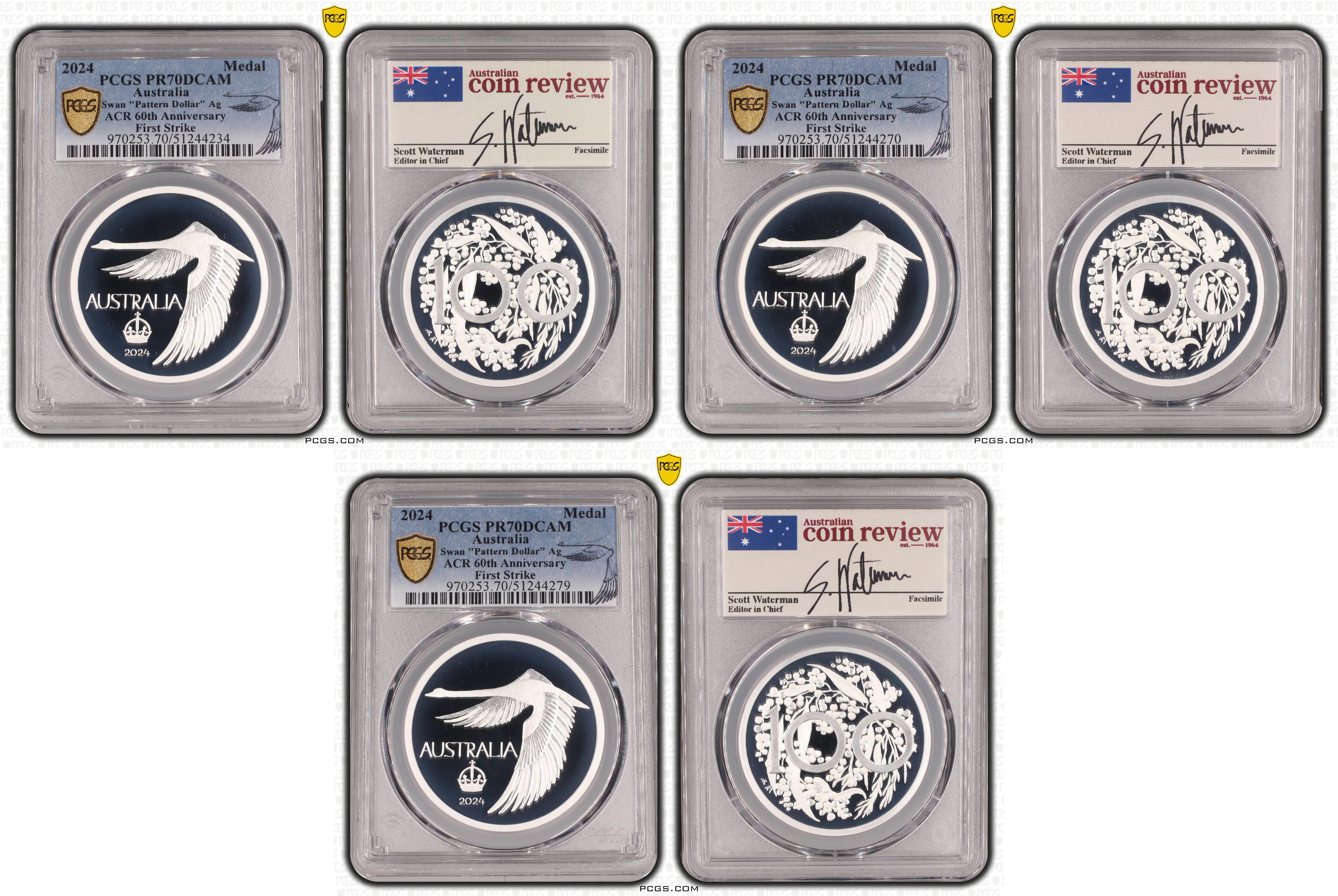 Trio of ACR Swan Pattern Dollar Silver Proof, Crown, 2024, PCGS PR70DCAM