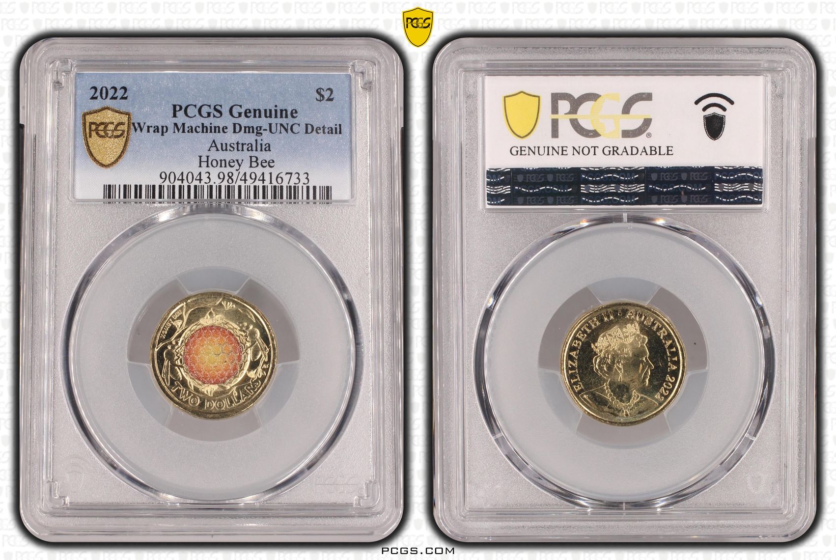 Honey Bee Colorized, Two Dollar, 2022, PCGS Genuine - UNC Details (98 - Damage)
