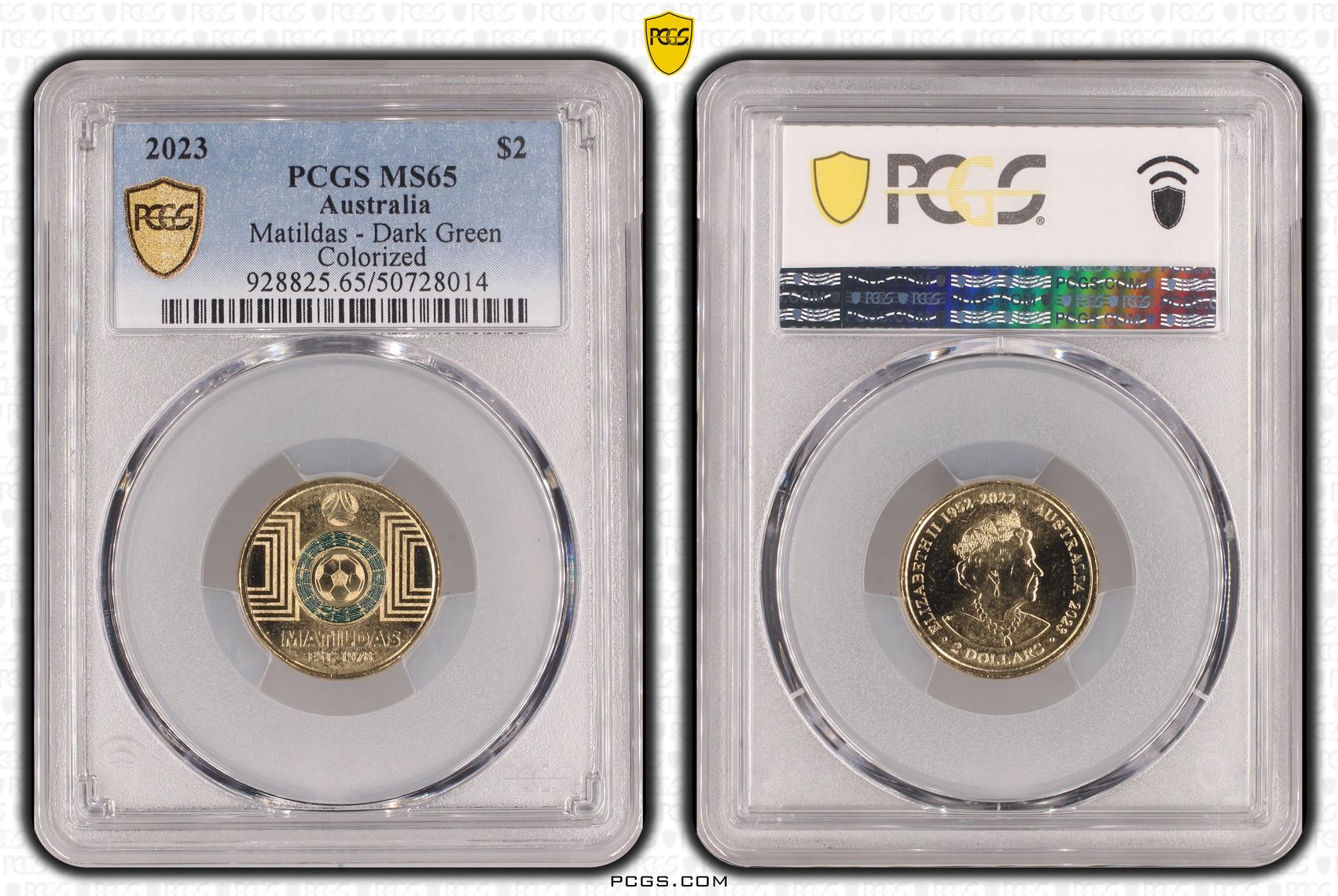 Matildas - Dark Green Colorized , Two Dollar, 2023, PCGS MS65