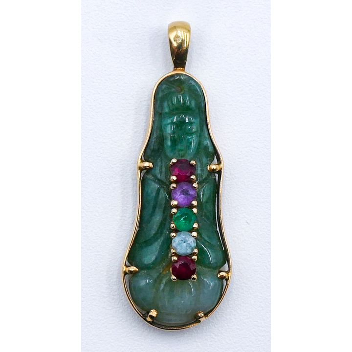 14k Chinese Jade Guanyin Jeweled Pendant 1.5'' - 4.7 Grams