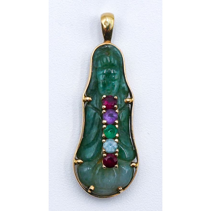 14k Chinese Jade Guanyin Jeweled Pendant 1.5'' - 4.7 Grams