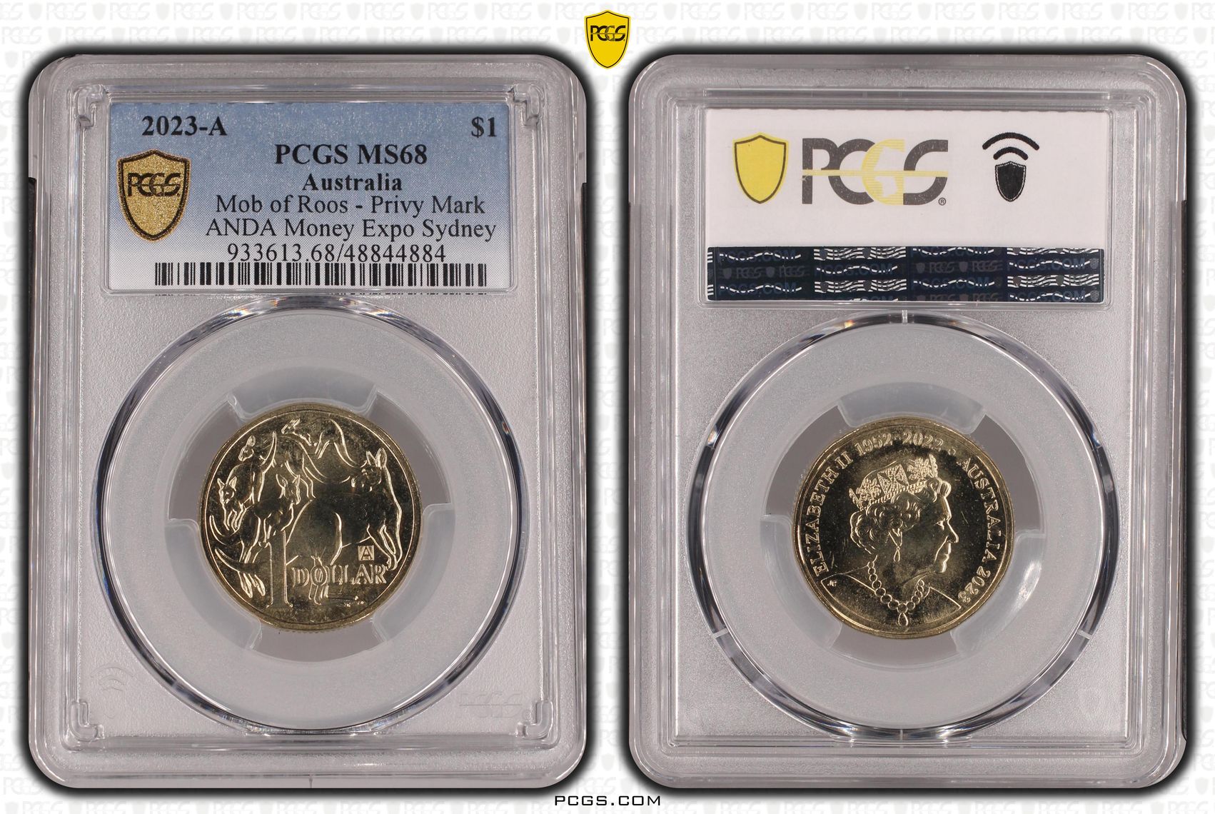 Mob of Roos - Privy Mark ANDA Money Expo Sydney, One Dollar, 2023-A, PCGS MS68