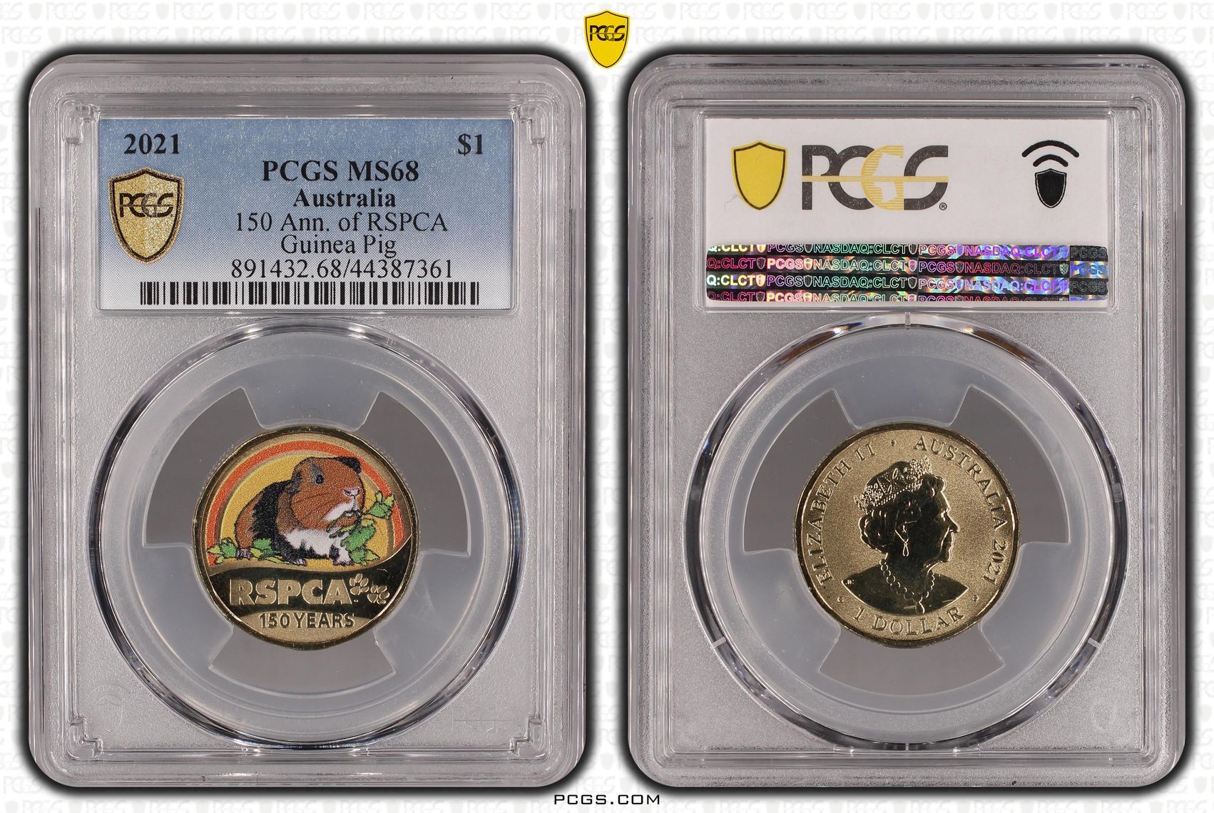 2021 Australia One Dollar, $1 150 Ann. of RSPCA Guinea Pig PCGS - MS68 -361