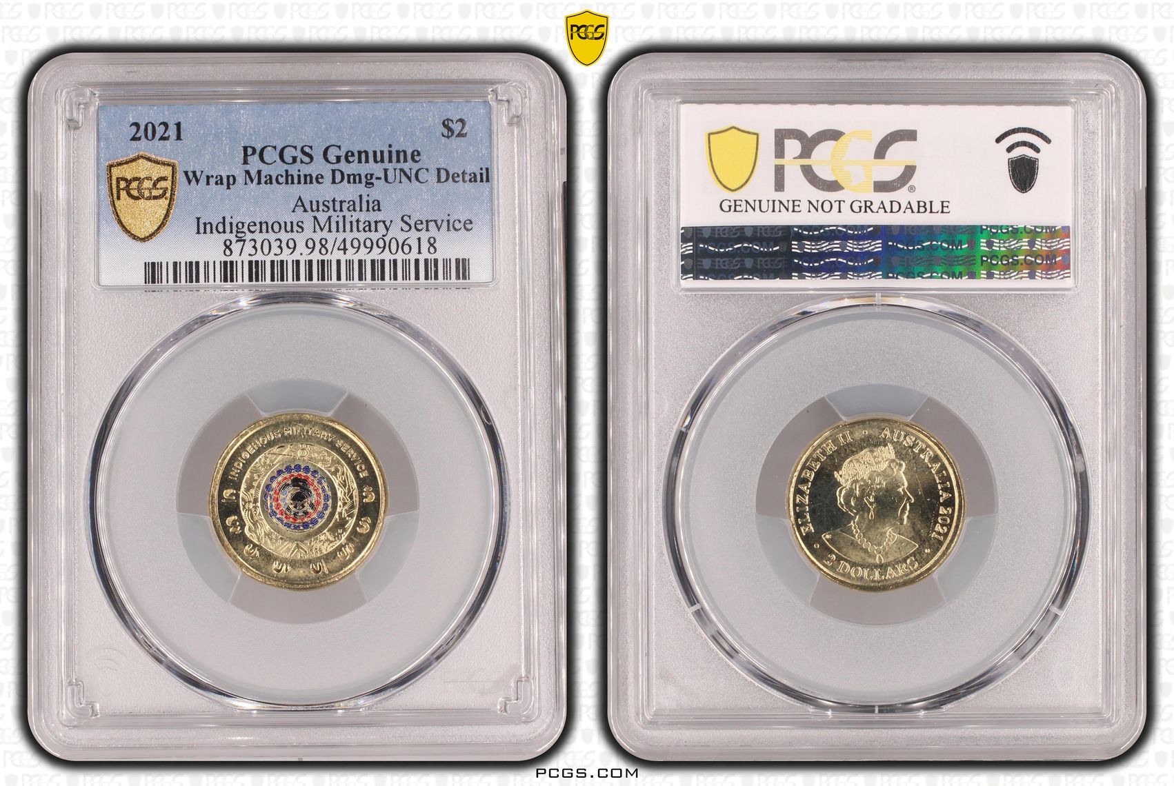 Indigenous Military Service Colourised, Two Dollar, 2021, PCGS Genuine - UNC Details (98 - Damage)