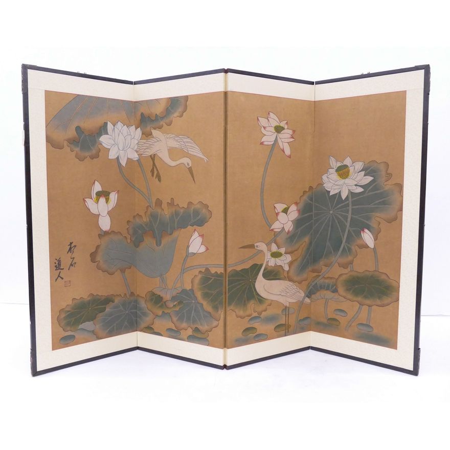 Korean Birds Painted 4 Panel Screen- 36x54"