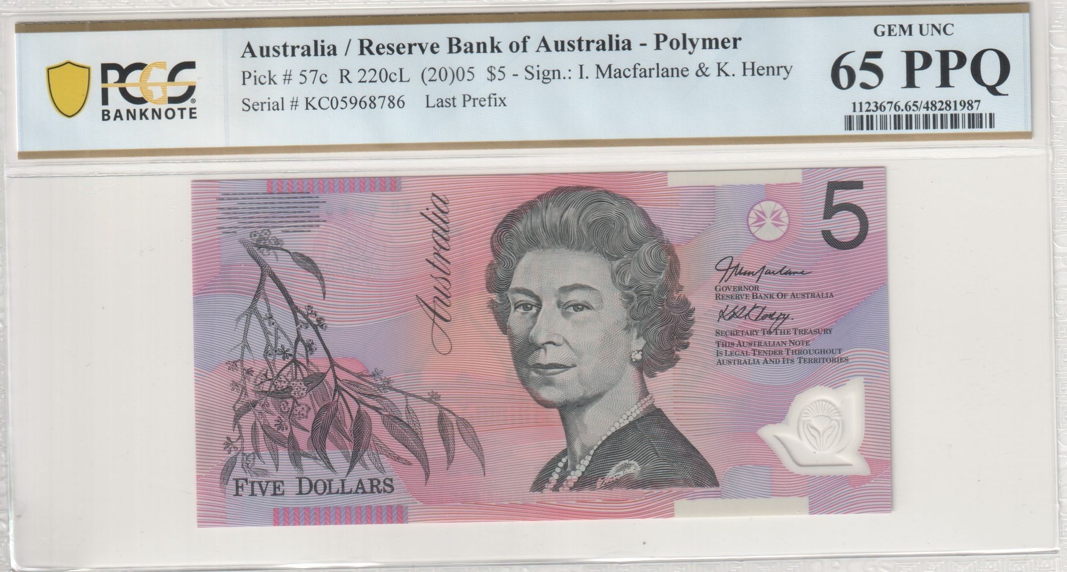 Macfarlane/Henry, Last Prefix, Five Dollar, 2005, PCGS Gem UNC 65 PPQ