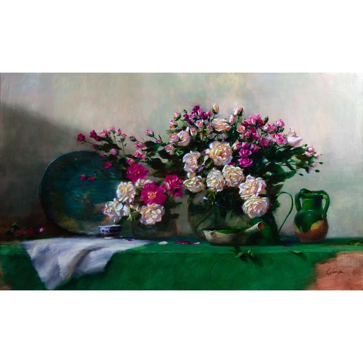 Stll Life with English Roses by Frank Janca (1953- )