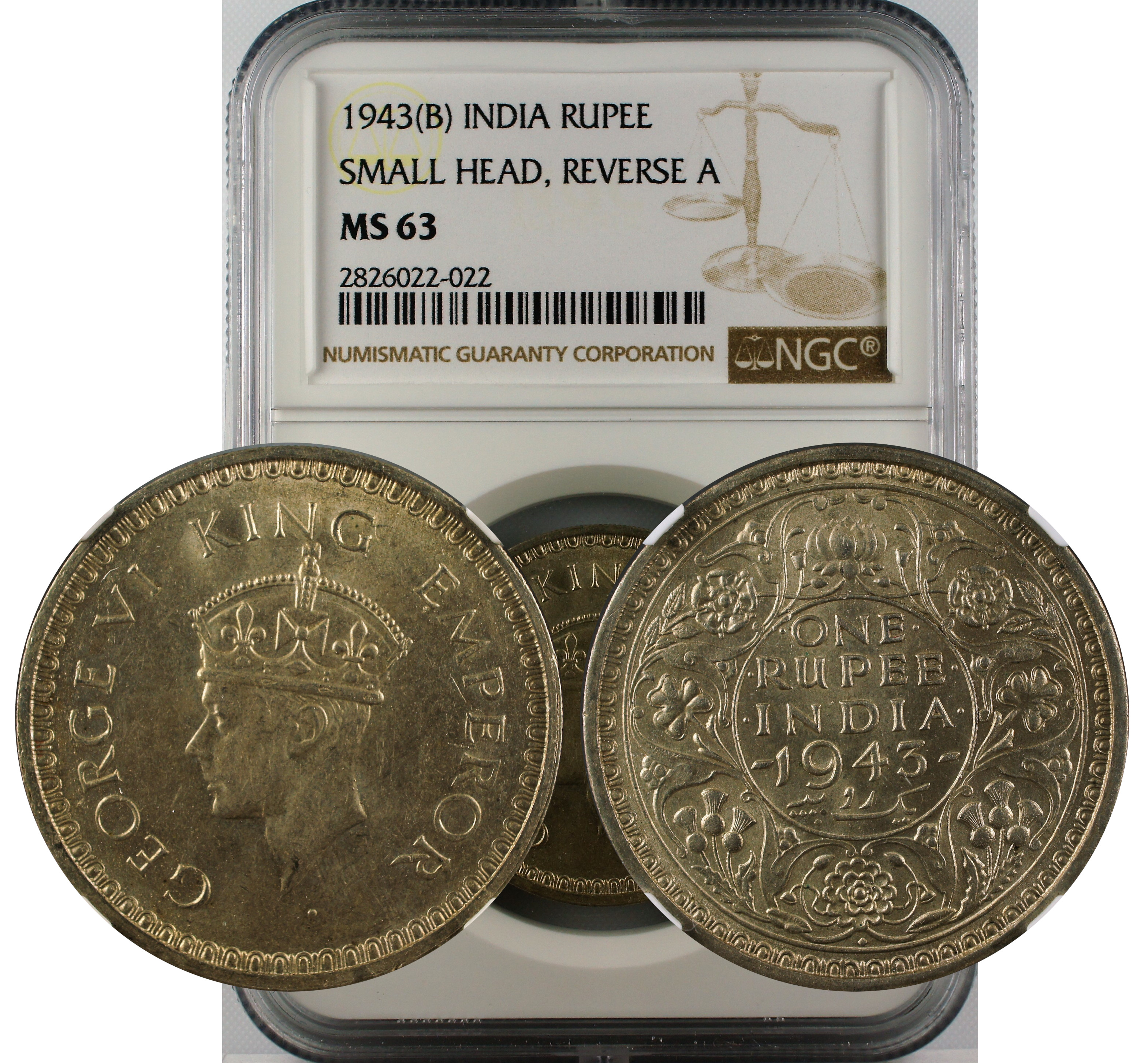 1943 B INDIA RUPEE MS63 SMALL HEAD,REVERSE A
