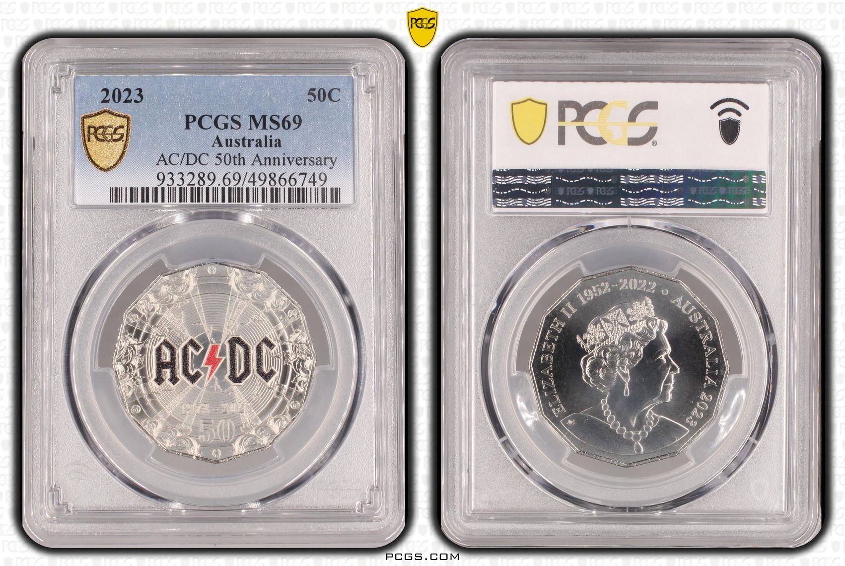 AC/DC 50th Anniversary Colorized POP 102/0, Fifty Cent, 2023, PCGS MS69