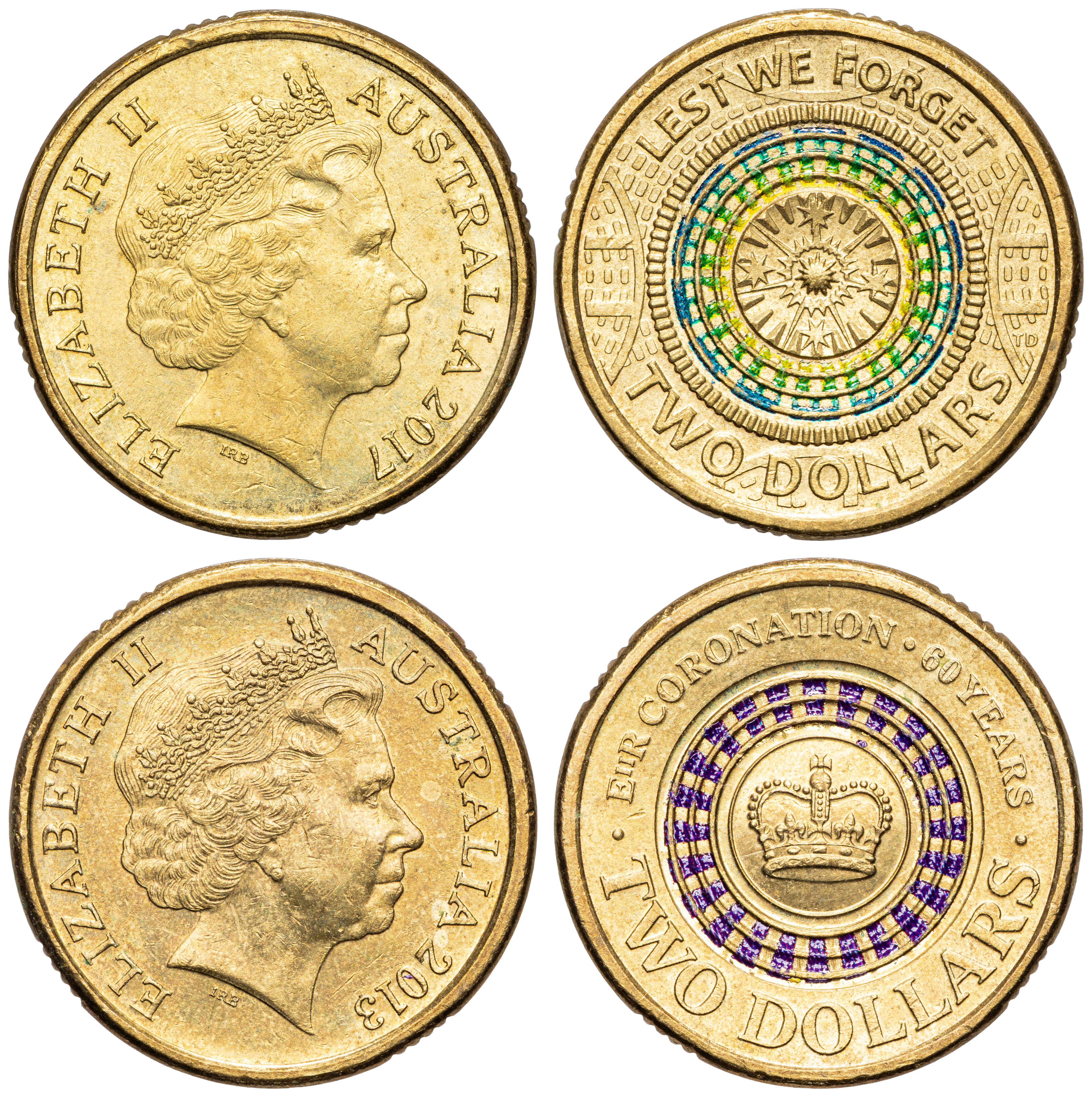 Elizabeth II, QEII Coronation & Lest We Forget, Two Dollars, 2013 - 2017, UNC