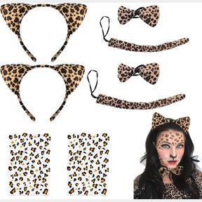 NIUEFH 2 SET LEOPARD COSTUME SET FOR WOMEN, LEOPARD EARS HEADBAND WITH LEOPARD TEMPORARY FACE STICKERS TATTOOS CAT EARS HEADBAND B