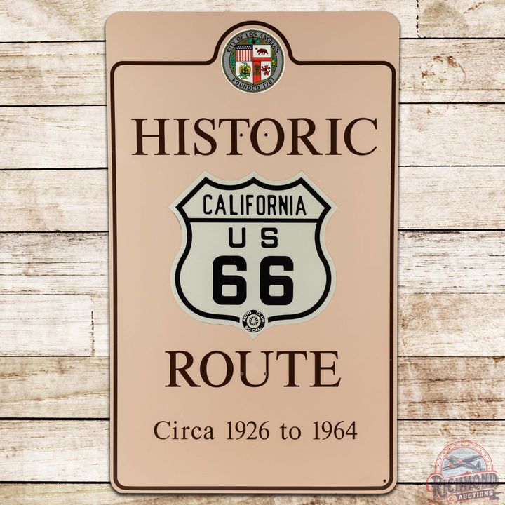Historic California Route 66 Circa 1926 to 1964 Reflective SS Tin Sign w/ Los Angeles Seal