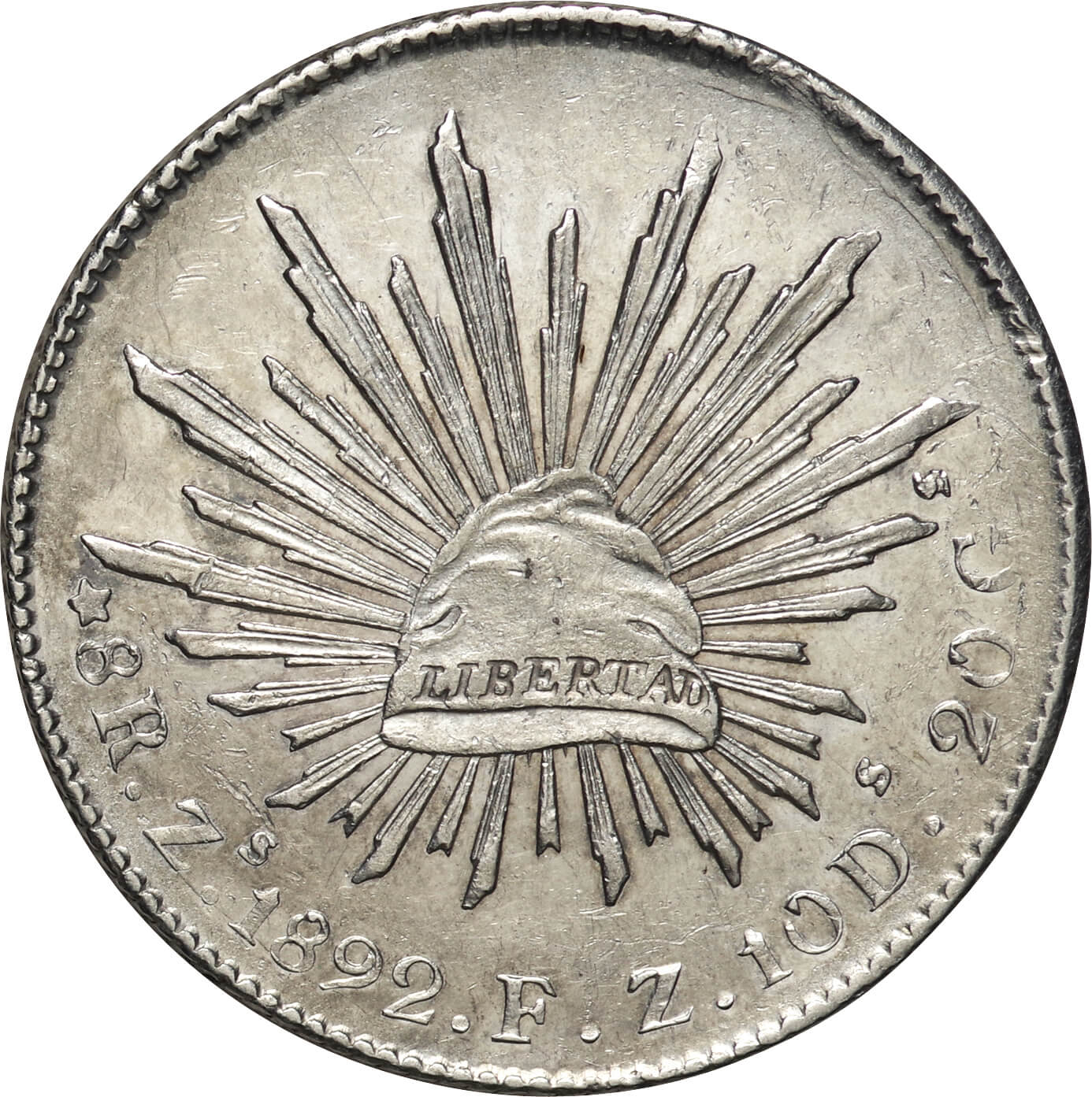 メキシコ-Mexico. 1892. 美. VF. Silver. 8レアル(Reals). 自由の帽子