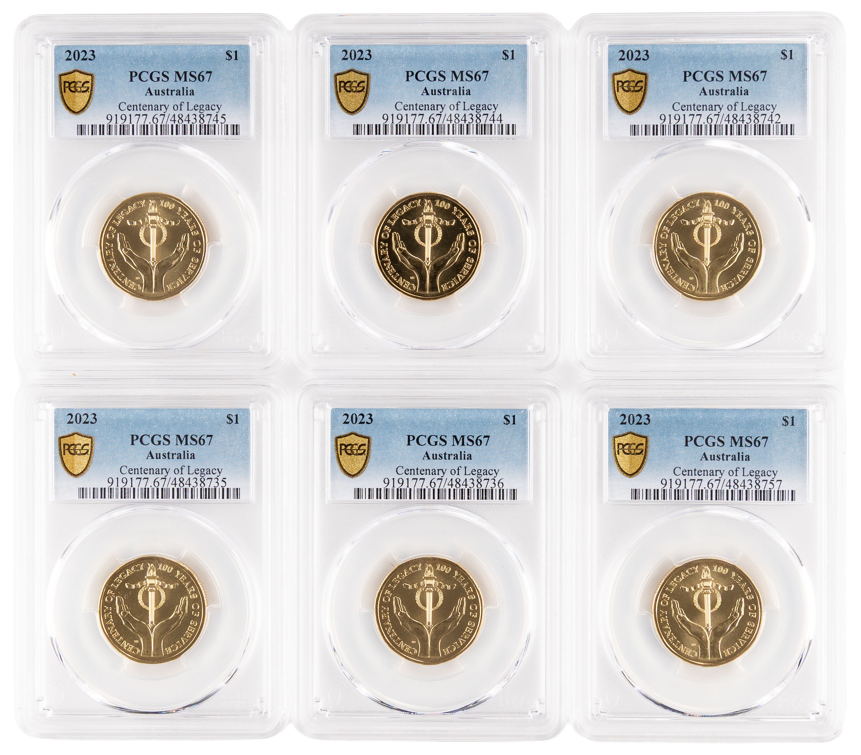 6x Centenary of Legacy, One Dollar, 2023, PCGS MS67
