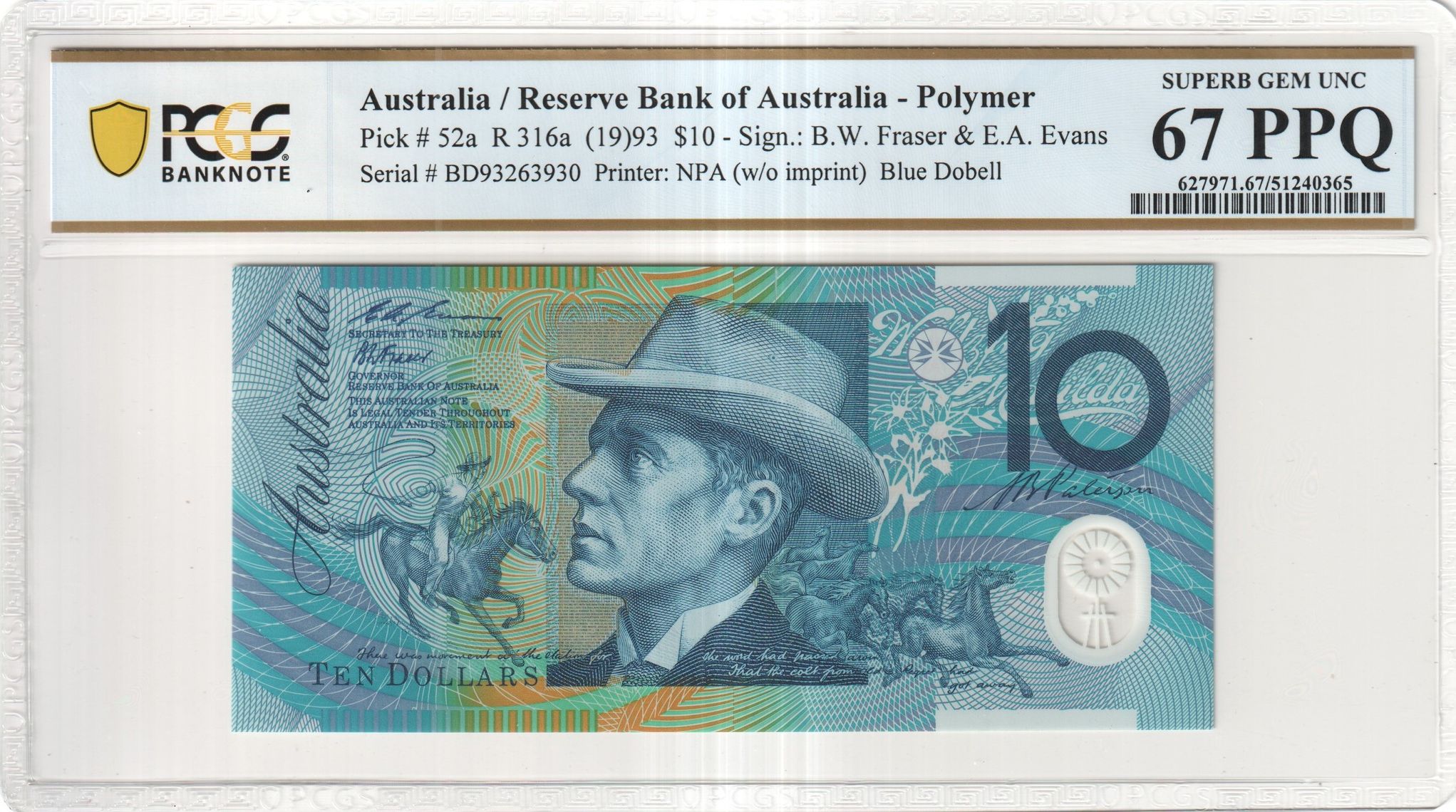 24 · Fraser/Evans, Blue Dobell, Ten Dollar, 1993, PCGS Superb Gem UNC 67 PPQ