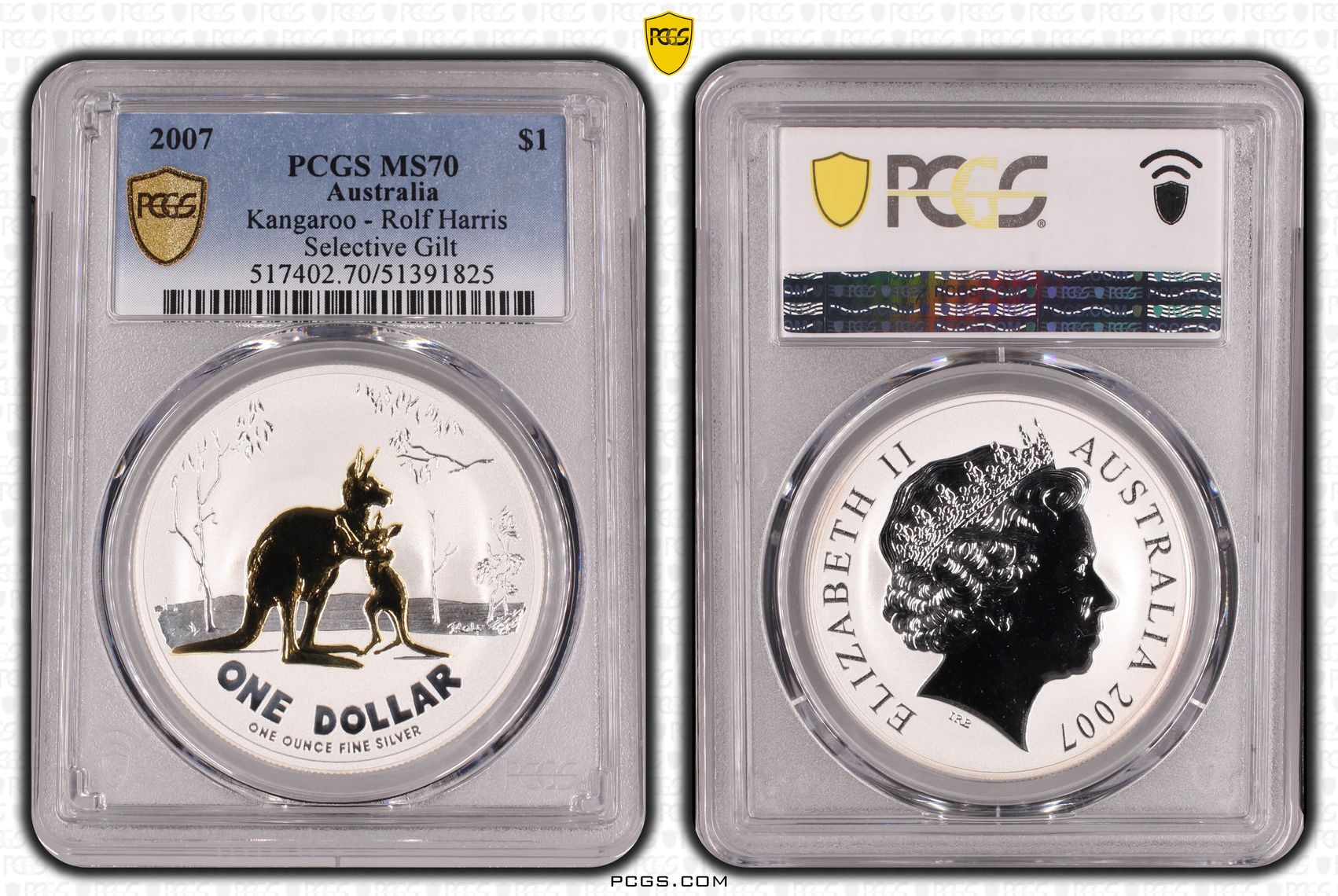 Kangaroo Ag-Rolf Harris Selective Gilt, POP 3/0, One Dollar, 2007, PCGS MS70