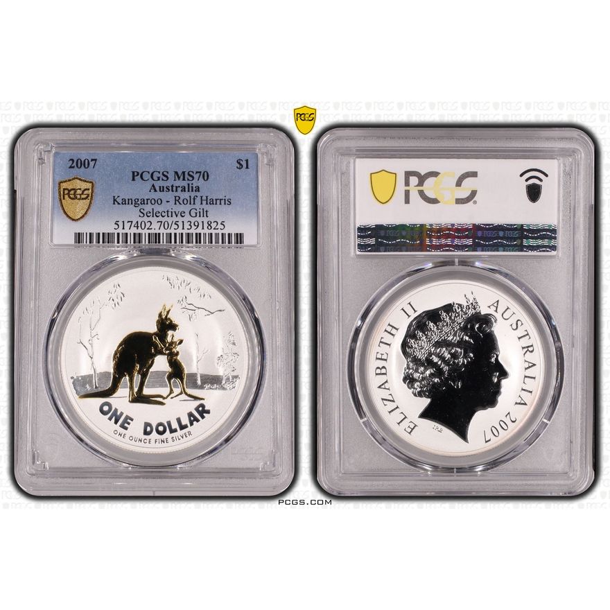 Kangaroo Ag-Rolf Harris Selective Gilt, POP 3/0, One Dollar, 2007, PCGS MS70