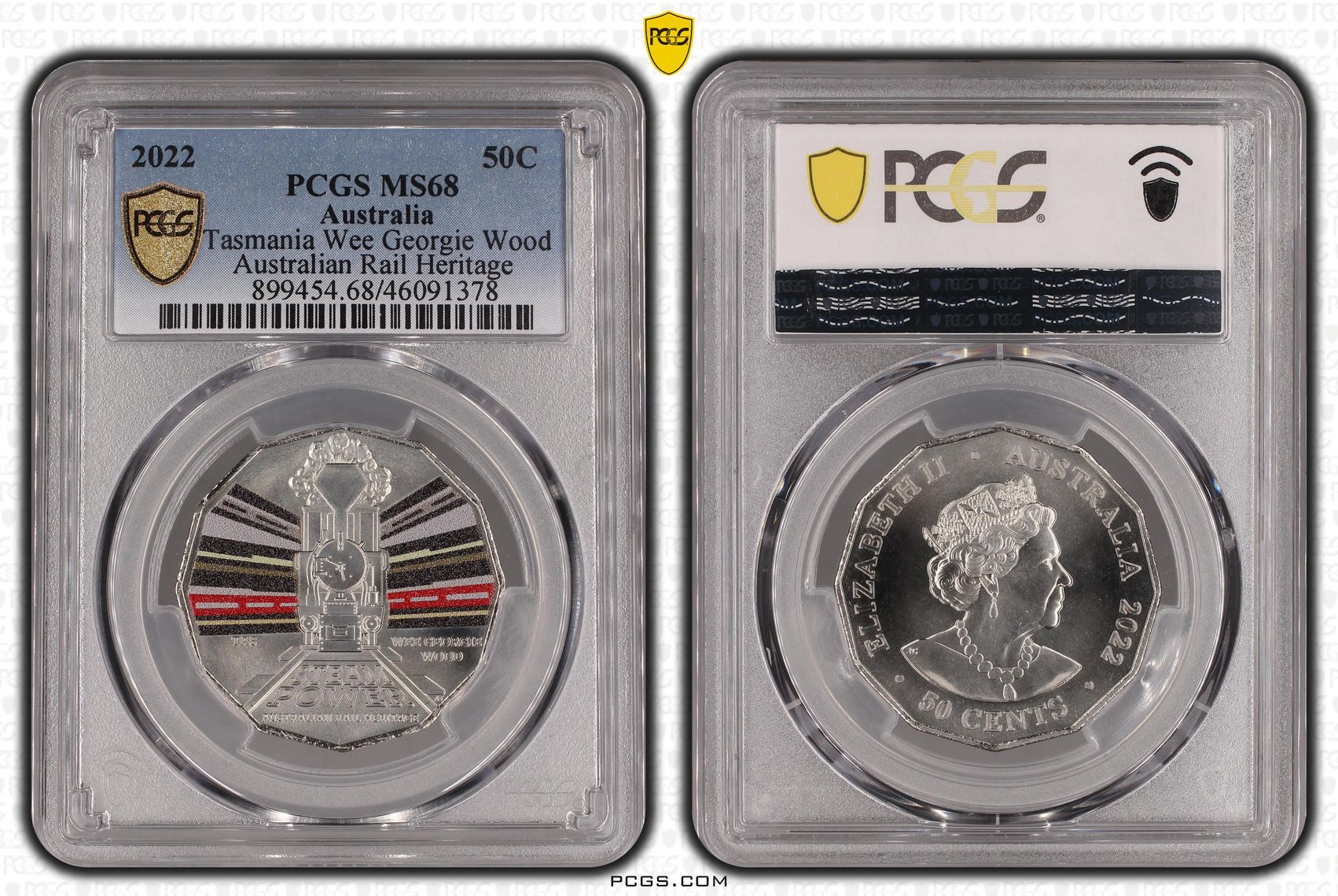 Tasmania Wee Georgie Wood Rail Heritage Colourised, Fifty Cent, 2022, PCGS MS68