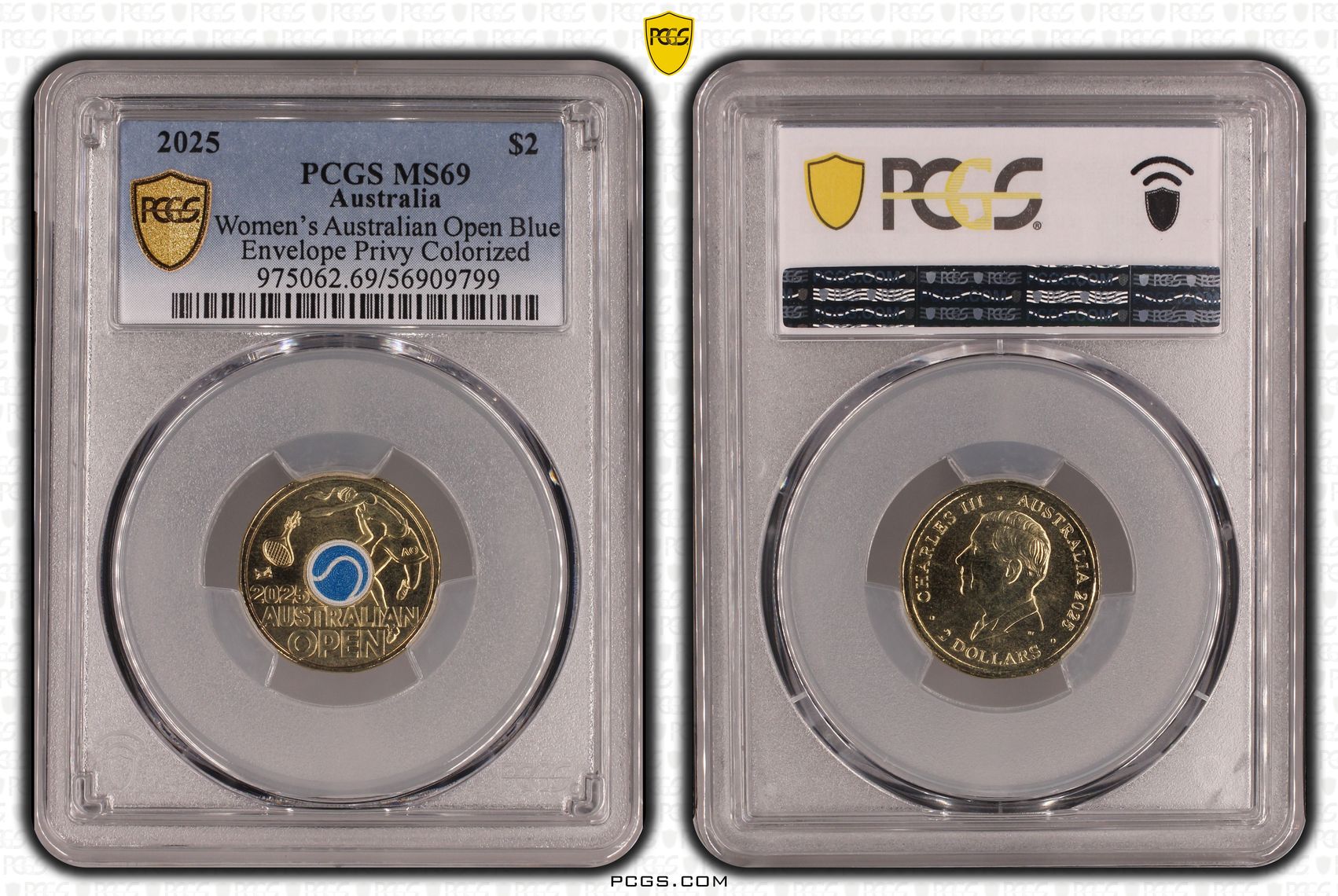 Women's Australian Open Blue Envelope Privy Colourised, Two Dollar, 2025, PCGS MS69