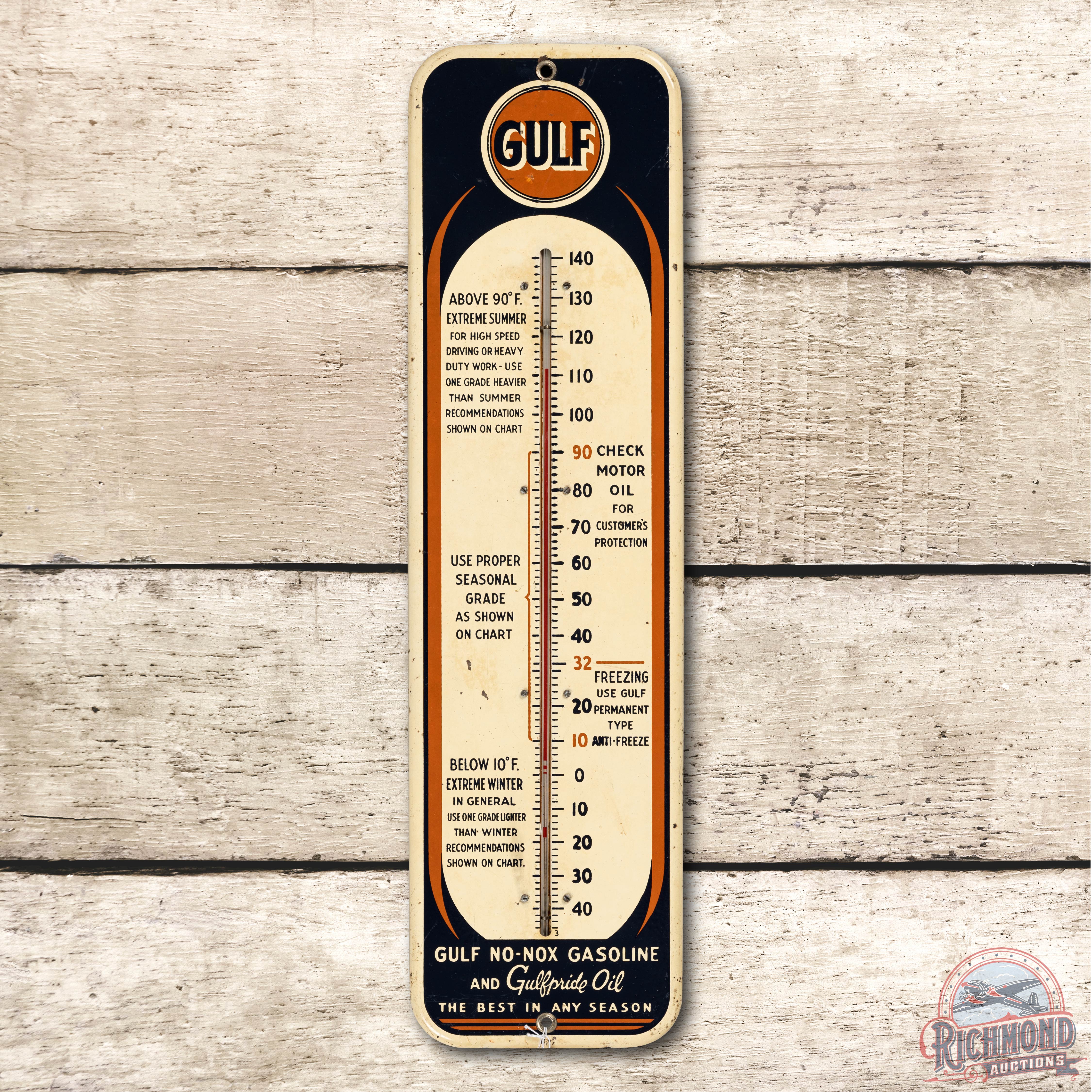 Gulf No-Nox Gasoline Gulfpride Oil Tin Thermometer Sign