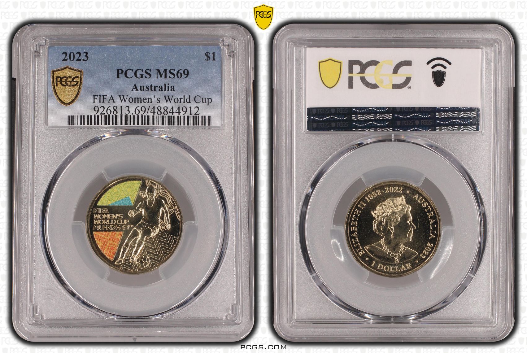 Elizabeth II, FIFA Women's World Cup Colorized, One Dollar, 2023, PCGS MS69