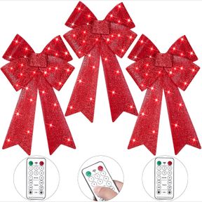 WILLBOND 3 PCS PRE LIT CHRISTMAS BOW DECORATION LED LIGHT RED LARGE TREE BOW WITH TIMER FUNCTION CHRISTMAS BOWS 24 X 12' RED BOW L
