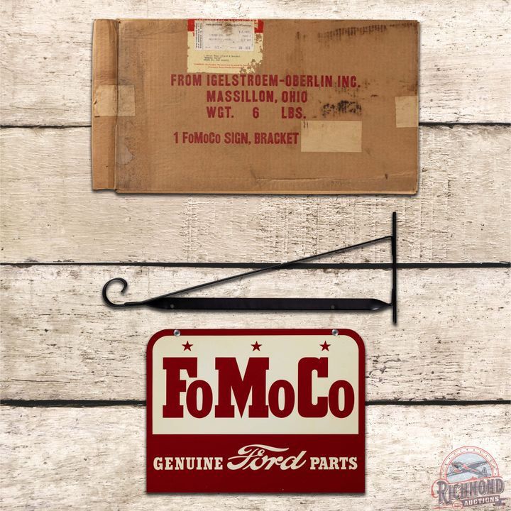 Amazing NOS Fomoco Genuine Ford Parts Double Sided Tin Sign w/ Factory Box & Paper