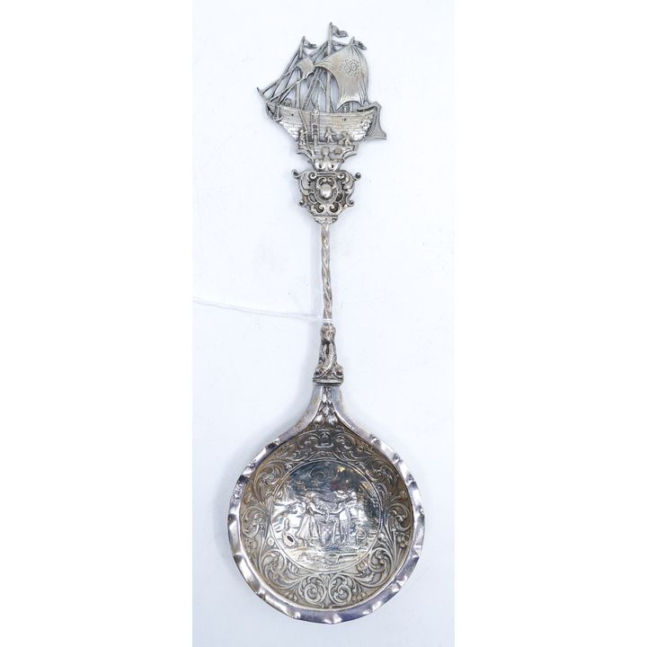 Ornate Hanau 800 Silver Sailing Ship Stem Large Spoon 10.5'' - 108 Grams