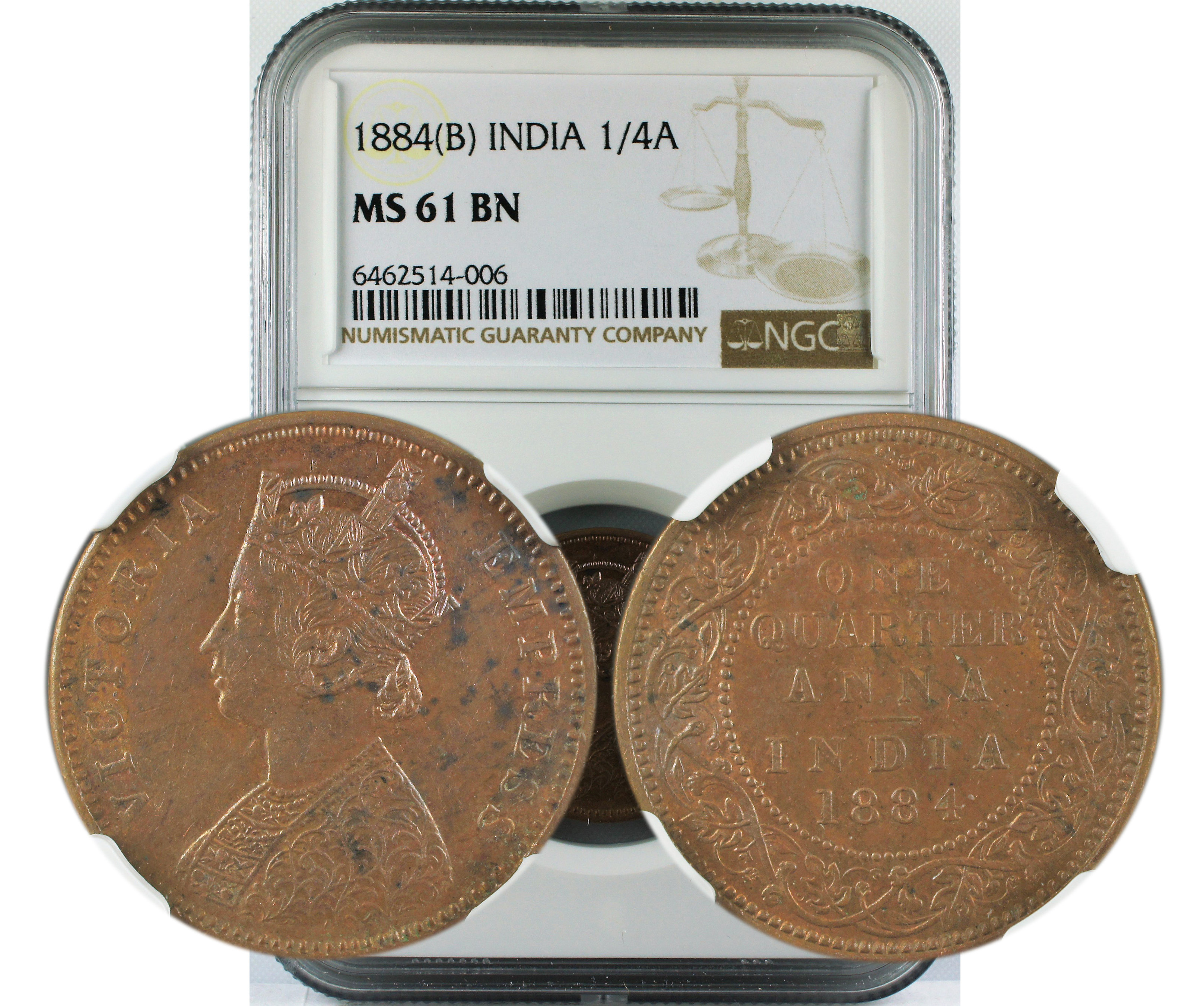 1884 B INDIA 1/4 ANNA MS61 BN