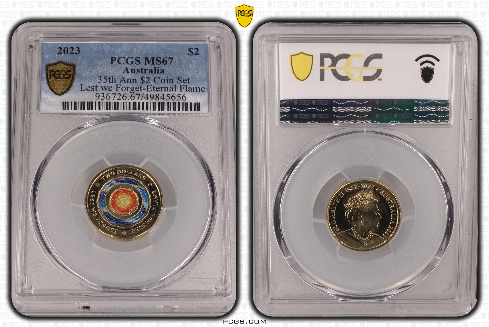 Elizabeth II, 35th Ann $2 Coin Set Colorized Lest we Forget-Eternal Flame POP 18/0, Two Dollar, 2023, PCGS MS67