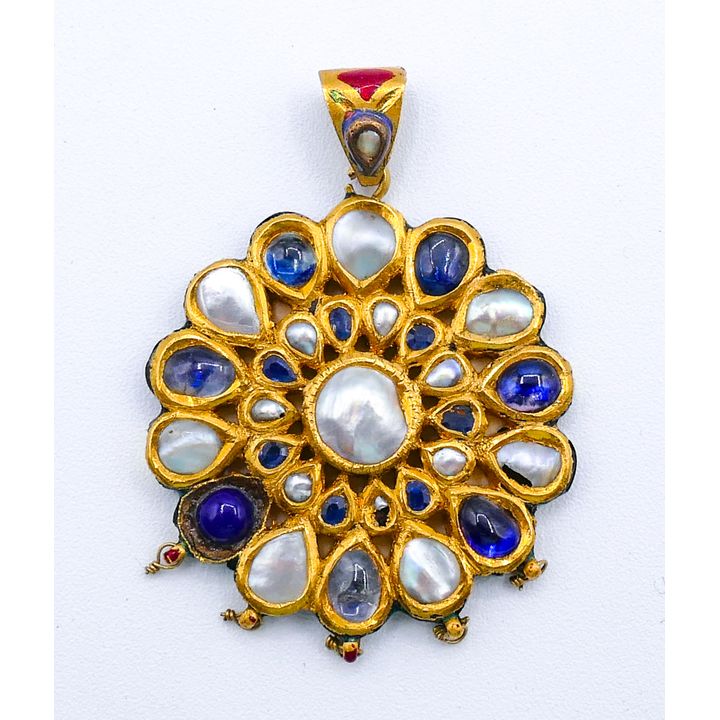 Indian 22k Enameled Gold and Gem Set Pendant 2'' - 15.4 grams