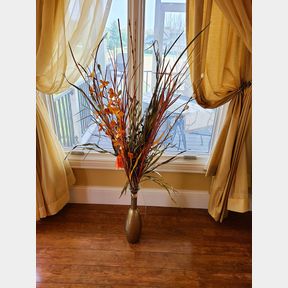 Decorative Gold Colored Vase with Flowers and Tall Grass